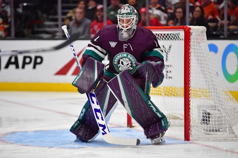 Jan 7, 2024; Anaheim, California, USA; Anaheim Ducks goaltender Lukas Dostal (1) defends the goal against the Detroit Red Wings during the first period at Honda Center. Mandatory Credit: Gary A. Vasquez-USA TODAY Sports