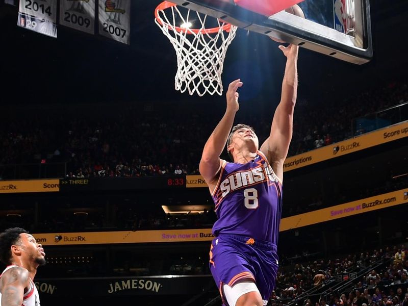 PHOENIX, AZ - NOVEMBER 2: Grayson Allen #8 of the Phoenix Suns drives to the basket during the game against the Portland Trail Blazers on November 2, 2024 at Footprint Center in Phoenix, Arizona. NOTE TO USER: User expressly acknowledges and agrees that, by downloading and or using this photograph, user is consenting to the terms and conditions of the Getty Images License Agreement. Mandatory Copyright Notice: Copyright 2024 NBAE (Photo by Kate Frese/NBAE via Getty Images)