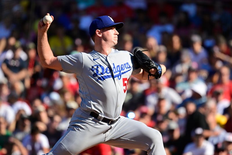 Aug 27, 2023; Boston, Massachusetts, USA; Los Angeles Dodgers relief pitcher Evan Phillips (59) pitches against the Boston Red Sox during the ninth inning at Fenway Park. Mandatory Credit: Eric Canha-USA TODAY Sports