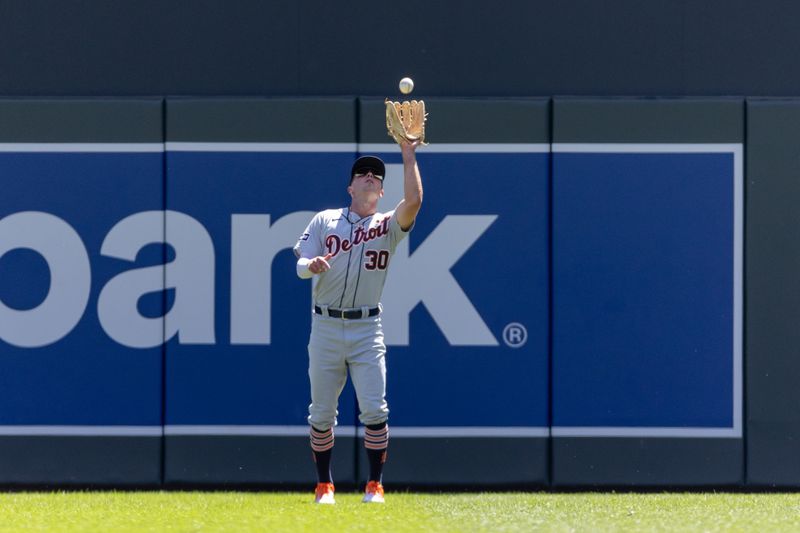 Aug 16, 2023; Minneapolis, Minnesota, USA; Detroit Tigers right fielder Kerry Carpenter (30) catches a fly ball against the Minnesota Twins in the first inning at Target Field. Mandatory Credit: Jesse Johnson-USA TODAY Sports