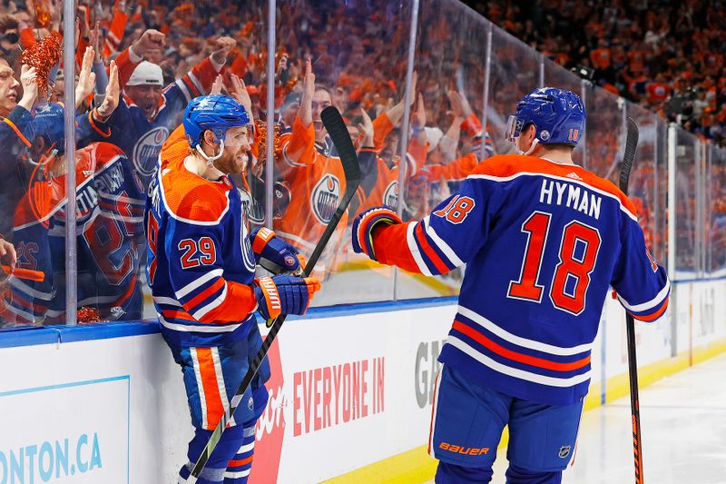 Apr 22, 2024; Edmonton, Alberta, CAN; Edmonton Oilers forward Leon Draisaitl (29) celebrates after scoring a goal during the third period against the Los Angeles Kings in game one of the first round of the 2024 Stanley Cup Playoffs at Rogers Place. Mandatory Credit: Perry Nelson-USA TODAY Sports