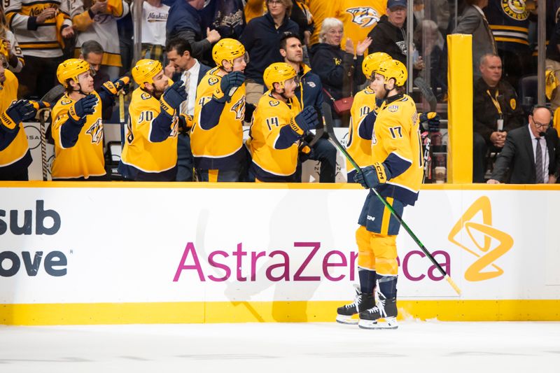 Apr 28, 2024; Nashville, Tennessee, USA; Nashville Predators center Mark Jankowski (17) celebrates his goal against the Vancouver Canucks during the first period in game four of the first round of the 2024 Stanley Cup Playoffs at Bridgestone Arena. Mandatory Credit: Steve Roberts-USA TODAY Sports