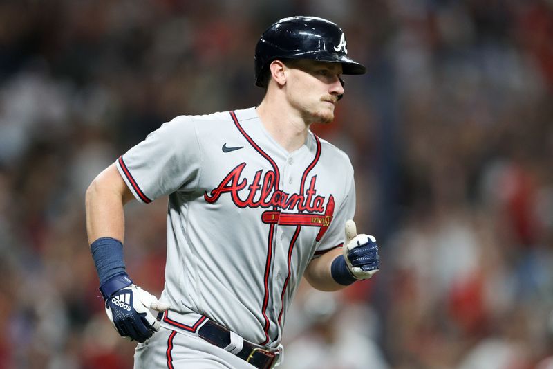 Jul 8, 2023; St. Petersburg, Florida, USA; Atlanta Braves catcher Sean Murphy (12) runs the bases hitting a three run home run against the Tampa Bay Rays in the fourth inning at Tropicana Field. Mandatory Credit: Nathan Ray Seebeck-USA TODAY Sports