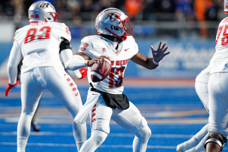 Nov 11, 2023; Boise, Idaho, USA;  New Mexico Lobos quarterback Devon Dampier (13) looks to throw during the second half against the Boise State Broncos at Albertsons Stadium. Boise State defeats New Mexico 42-14. Mandatory Credit: Brian Losness-USA TODAY Sports

