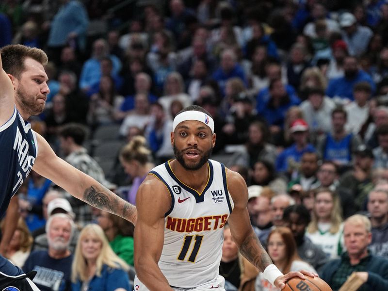 DALLAS, TX - NOVEMBER 20: Bruce Brown #11 of the Denver Nuggets dribbles the ball during the game against the Dallas Mavericks on November 20, 2022 at the American Airlines Center in Dallas, Texas. NOTE TO USER: User expressly acknowledges and agrees that, by downloading and or using this photograph, User is consenting to the terms and conditions of the Getty Images License Agreement. Mandatory Copyright Notice: Copyright 2022 NBAE (Photo by Glenn James/NBAE via Getty Images)