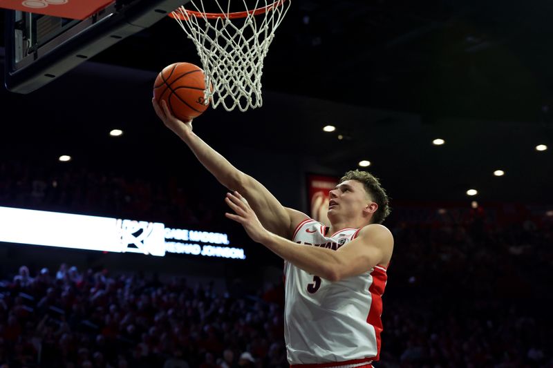 Jan 6, 2024; Tucson, Arizona, USA;Arizona Wildcats guard Pelle Larsson (3) shoots a basket against the Utah Utes  during the second half at McKale Center. Mandatory Credit: Zachary BonDurant-USA TODAY Sports