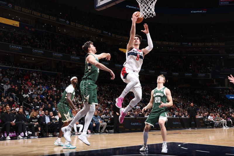 WASHINGTON, DC -? APRIL 2: Deni Avdija #8 of the Washington Wizards drives to the basket during the game against the Milwaukee Bucks on April 2, 2024 at Capital One Arena in Washington, DC. NOTE TO USER: User expressly acknowledges and agrees that, by downloading and or using this Photograph, user is consenting to the terms and conditions of the Getty Images License Agreement. Mandatory Copyright Notice: Copyright 2024 NBAE (Photo by Stephen Gosling/NBAE via Getty Images)