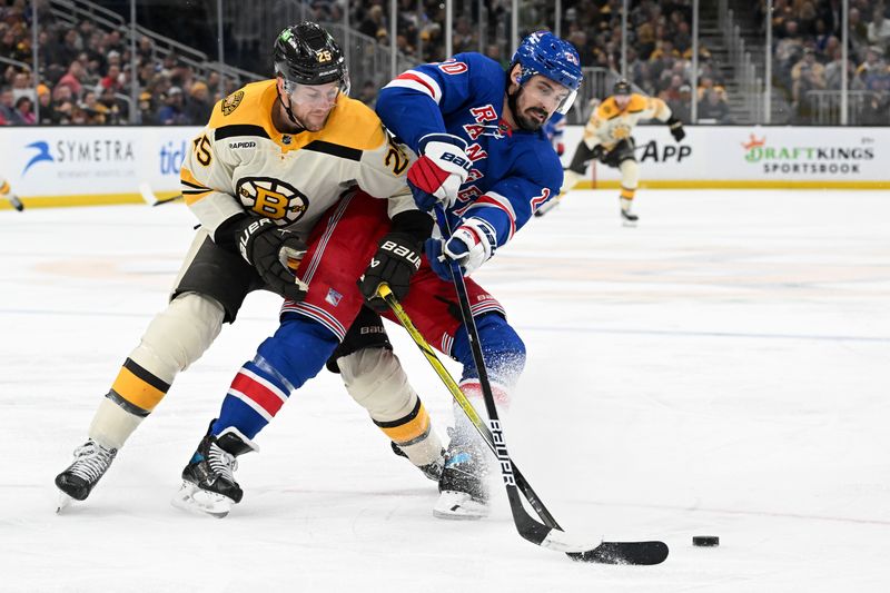 Mar 21, 2024; Boston, Massachusetts, USA; New York Rangers left wing Chris Kreider (20) and Boston Bruins defenseman Brandon Carlo (25) battle for the puck during the second period at the TD Garden. Mandatory Credit: Brian Fluharty-USA TODAY Sports