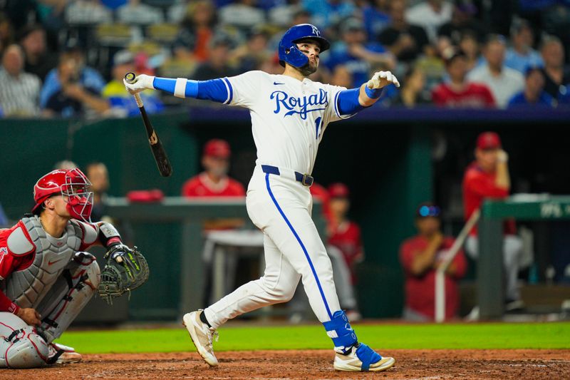 Sep 4, 2025; Kansas City, Missouri, USA; Kansas City Royals second baseman Michael Massey (19) bats during the seventh inning against the Los Angeles Angels at Kauffman Stadium. Mandatory Credit: Jay Biggerstaff-Imagn Images