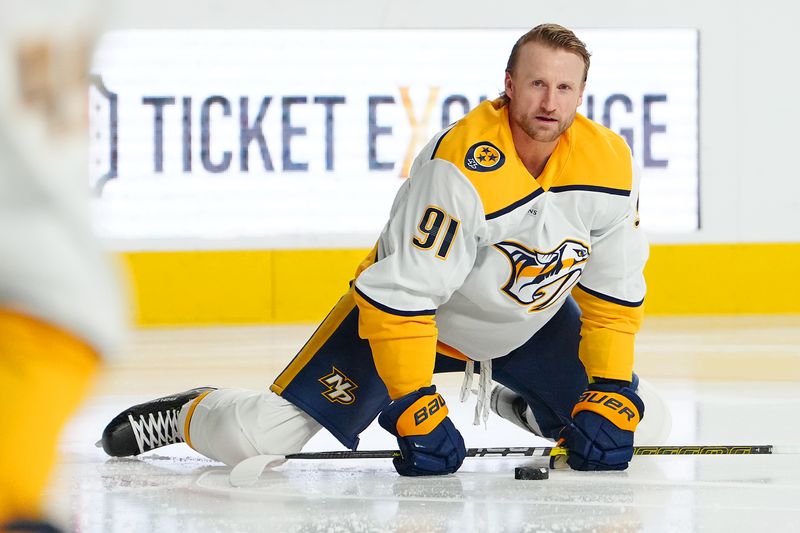 Dec 31, 2025; Las Vegas, Nevada, USA; Nashville Predators center Steven Stamkos (91) warms up before the start of a game against the Vegas Golden Knights at T-Mobile Arena. Mandatory Credit: Stephen R. Sylvanie-Imagn Images