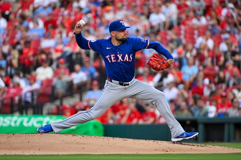 Jul 29, 2024; St. Louis, Missouri, USA;  Texas Rangers starting pitcher Nathan Eovaldi (17) pitches against the St. Louis Cardinals during the first inning at Busch Stadium. Mandatory Credit: Jeff Curry-USA TODAY Sports