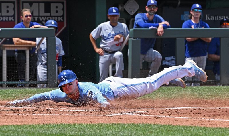 Jul 2, 2023; Kansas City, Missouri, USA;  Kansas City Royals right fielder Drew Waters (6) scores a run against the Los Angeles Dodgers in the second inning at Kauffman Stadium. Mandatory Credit: Peter Aiken-USA TODAY Sports