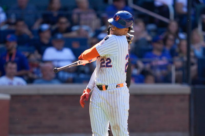 Aug 31, 2025; New York City, New York, USA; New York Mets right fielder Juan Soto (22) reacts to striking out against the Miami Marlins during the eighth inning at Citi Field. Mandatory Credit: Gregory Fisher-Imagn Images