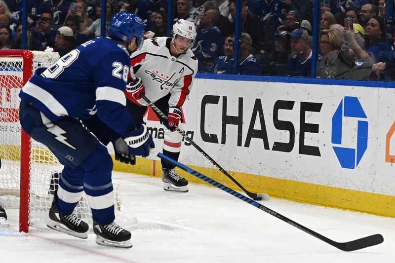 Mar 30, 2023; Tampa, Florida, USA; Washington Capitals center Nicklas Backstrom (19) looks for an open teammate as Tampa Bay Lightning defensemen Ian Cole (28) defends in the second period at Amalie Arena. Mandatory Credit: Jonathan Dyer-USA TODAY Sports