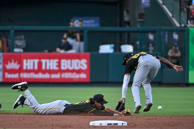 Sep 2, 2023; St. Louis, Missouri, USA;  Pittsburgh Pirates shortstop Alika Williams (75) and second baseman Liover Peguero (60) after unable to field a ground ball hit by St. Louis Cardinals right fielder Jordan Walker (not pictured) during the second inning at Busch Stadium. Mandatory Credit: Jeff Curry-USA TODAY Sports