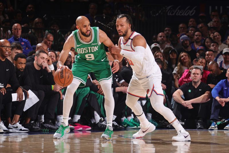 NEW YORK, NY - May 10:   Derrick White #9 of the Boston Celtics dribbles the ball during the game against the New York Knicks   during Round 2 Game 3 of the 2025 NBA Playoffs  on May 10, 2025 at Madison Square Garden in New York City, New York.  NOTE TO USER: User expressly acknowledges and agrees that, by downloading and or using this photograph, User is consenting to the terms and conditions of the Getty Images License Agreement. Mandatory Copyright Notice: Copyright 2025 NBAE  (Photo by Nathaniel S. Butler/NBAE via Getty Images)