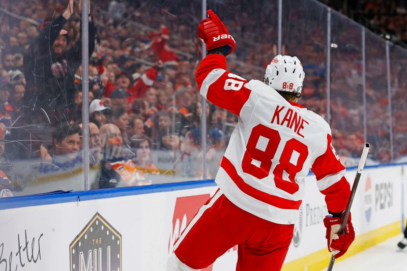 Feb 13, 2024; Edmonton, Alberta, CAN; Detroit Red Wings forward Patrick Kane (88) celebrates his goal scored during the second period against the Edmonton Oilers  at Rogers Place. Mandatory Credit: Perry Nelson-USA TODAY Sports