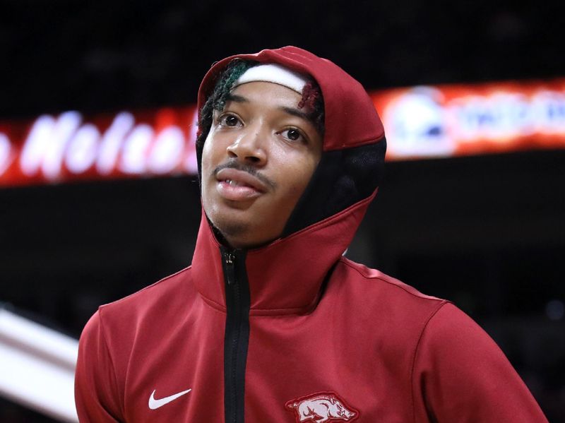 Feb 11, 2023; Fayetteville, Arkansas, USA; Arkansas Razorbacks guard Nick Smith Jr. during pregame warmups prior to facing the Mississippi State Bulldogs at Bud Walton Arena. Mandatory Credit: Nelson Chenault-USA TODAY Sports