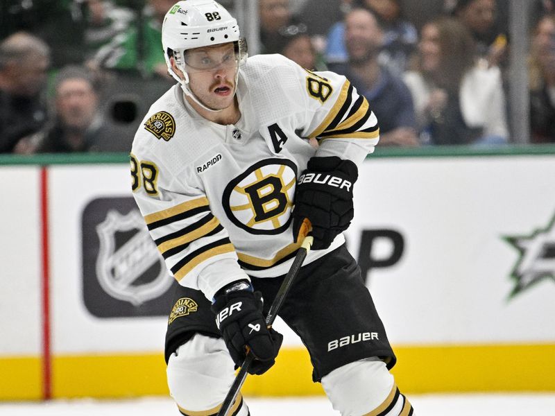 Nov 6, 2023; Dallas, Texas, USA; Boston Bruins right wing David Pastrnak (88) skates against the Dallas Stars during the third period at the American Airlines Center. Mandatory Credit: Jerome Miron-USA TODAY Sports