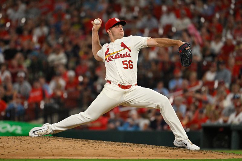 Jul 26, 2024; St. Louis, Missouri, USA; St. Louis Cardinals relief pitcher Ryan Helsley (56) throws against the Washington Nationals during the ninth inning at Busch Stadium. Mandatory Credit: Jeff Le-USA TODAY Sports