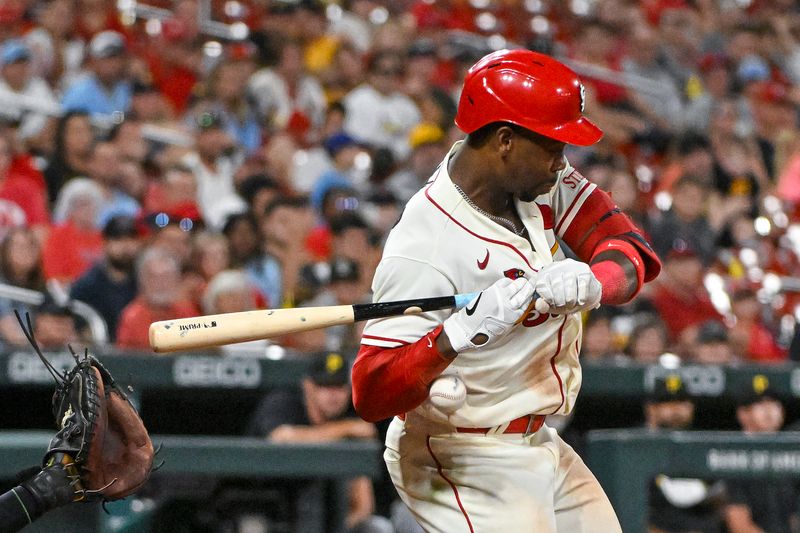 Sep 2, 2023; St. Louis, Missouri, USA;  St. Louis Cardinals right fielder Jordan Walker (18) is hit by a pitch from Pittsburgh Pirates relief pitcher David Bednar (not pictured) during the ninth inning at Busch Stadium. Mandatory Credit: Jeff Curry-USA TODAY Sports