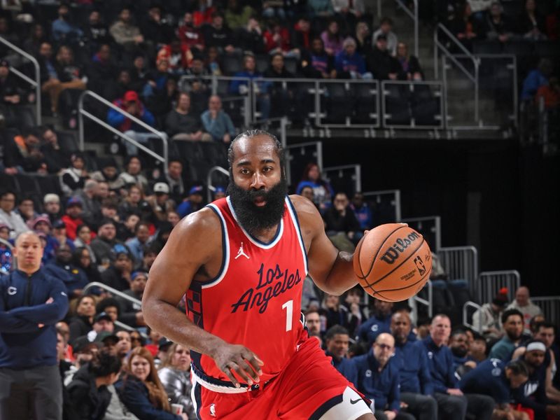 DETROIT, MI - FEBRUARY 24: James Harden #1 of the LA Clippers handles the ball during the game against the Detroit Pistons on February 24, 2025 at Little Caesars Arena in Detroit, Michigan. NOTE TO USER: User expressly acknowledges and agrees that, by downloading and/or using this photograph, User is consenting to the terms and conditions of the Getty Images License Agreement. Mandatory Copyright Notice: Copyright 2025 NBAE (Photo by Chris Schwegler/NBAE via Getty Images)