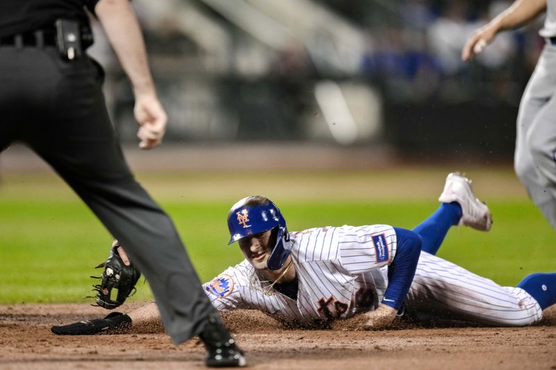 Aug 29, 2023; New York City, New York, USA; New York Mets left fielder Tim Locastro (26) is tagged out by Texas Rangers first baseman Nathaniel Lowe (obstructed) after a run down during the third inning at Citi Field. Mandatory Credit: John Jones-USA TODAY Sports