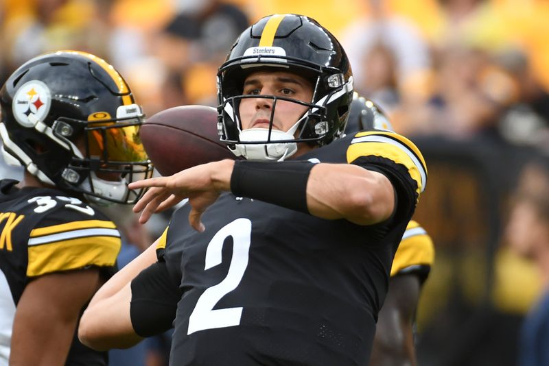 Pittsburgh Steelers quarterback Mason Rudolph (2) warms up before an NFL preseason football game against the Seattle Seahawks, Saturday, Aug. 13, 2022, in Pittsburgh. (AP Photo/Fred Vuich)