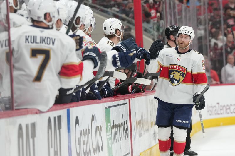 May 20, 2025; Raleigh, North Carolina, USA;  Florida Panthers forward Sam Bennett (9) celebrates scoring during the third period against the Carolina Hurricanes in game one of the Eastern Conference Final of the 2025 Stanley Cup Playoffs at Lenovo Center. Mandatory Credit: James Guillory-Imagn Images