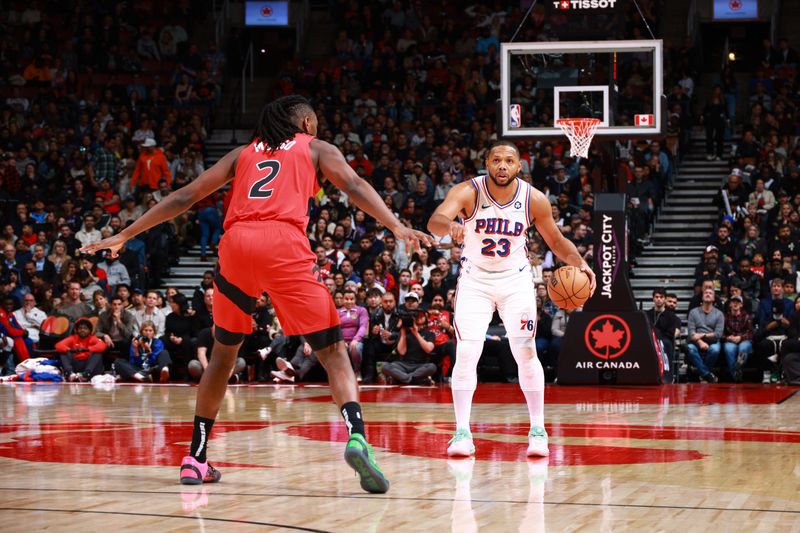 TORONTO, CANADA - OCTOBER 25: Eric Gordon #23 of the Philadelphia 76ers handles the ball during the game against the Toronto Raptors on October 25, 2024 at the Scotiabank Arena in Toronto, Ontario, Canada.  NOTE TO USER: User expressly acknowledges and agrees that, by downloading and or using this Photograph, user is consenting to the terms and conditions of the Getty Images License Agreement.  Mandatory Copyright Notice: Copyright 2024 NBAE (Photo by Vaughn Ridley/NBAE via Getty Images)