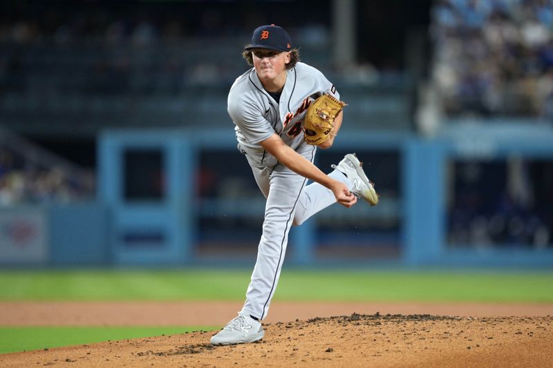 Sep 20, 2023; Los Angeles, California, USA; Detroit Tigers starting pitcher Reese Olson (45) throws in the first inning against the Los Angeles Dodgers at Dodger Stadium. Mandatory Credit: Kirby Lee-USA TODAY Sports