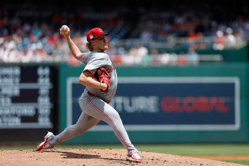 Jul 21, 2024; Washington, District of Columbia, USA; Cincinnati Reds starting pitcher Andrew Abbott (41) pitches against the Washington Nationals during the first inning at Nationals Park. Mandatory Credit: Geoff Burke-USA TODAY Sports