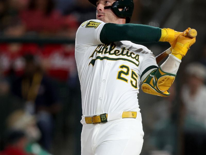 Sep 13, 2025; West Sacramento, California, USA; Athletics designated hitter Brent Rooker (25) hits a solo home run against the Cincinnati Reds during the second inning at Sutter Health Park. Mandatory Credit: Dennis Lee-Imagn Images