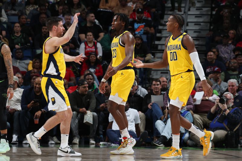 NEW ORLEANS, LA - MARCH 1:  T.J. McConnell #9, Aaron Nesmith #23 and Bennedict Mathurin #00 of the Indiana Pacers react during the game against the New Orleans Pelicans on March 1, 2024 at the Smoothie King Center in New Orleans, Louisiana. NOTE TO USER: User expressly acknowledges and agrees that, by downloading and or using this Photograph, user is consenting to the terms and conditions of the Getty Images License Agreement. Mandatory Copyright Notice: Copyright 2024 NBAE (Photo by Layne Murdoch Jr./NBAE via Getty Images)