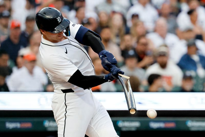 May 14, 2025; Detroit, Michigan, USA;  Detroit Tigers catcher Dillon Dingler (13) breaks his bat grounding into a double play in the fourth inning against the Boston Red Sox at Comerica Park. Mandatory Credit: Rick Osentoski-Imagn Images