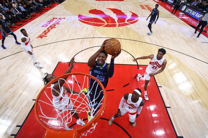 TORONTO, CANADA - JANUARY 22: GG Jackson #45 of the Memphis Grizzlies drives to the basket during the game against the Toronto Raptors on January 22, 2024 at the Scotiabank Arena in Toronto, Ontario, Canada.  NOTE TO USER: User expressly acknowledges and agrees that, by downloading and or using this Photograph, user is consenting to the terms and conditions of the Getty Images License Agreement.  Mandatory Copyright Notice: Copyright 2024 NBAE (Photo by Vaughn Ridley/NBAE via Getty Images)