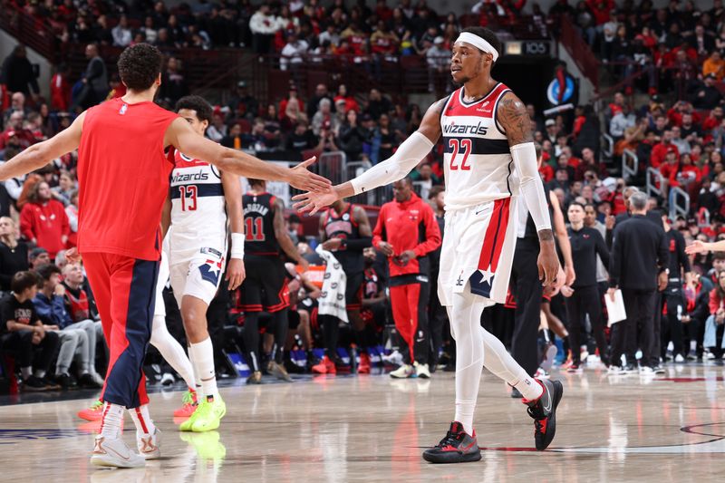 CHICAGO, IL - MARCH 25: Richaun Holmes #22 of the Washington Wizards high fives teammate during the game against the Chicago Bulls on March 25, 2024 at United Center in Chicago, Illinois. NOTE TO USER: User expressly acknowledges and agrees that, by downloading and or using this photograph, User is consenting to the terms and conditions of the Getty Images License Agreement. Mandatory Copyright Notice: Copyright 2024 NBAE (Photo by Jeff Haynes/NBAE via Getty Images)