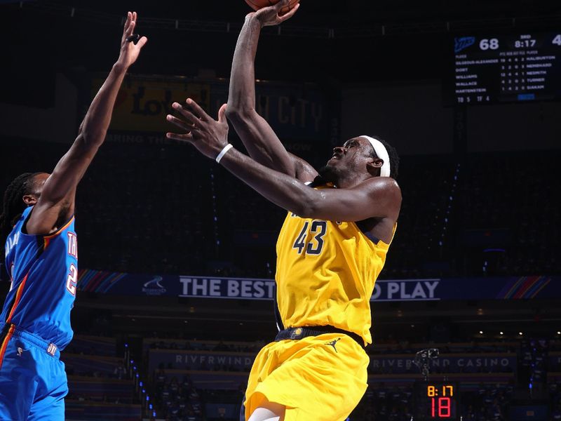 OKLAHOMA CITY, OK - JUNE 8: Pascal Siakam #43 of the Indiana Pacers shoots the ball during the game against the Oklahoma City Thunder during Game Two of the 2025 NBA Finals on June 8, 2025 at Paycom Center in Oklahoma City, Oklahoma. NOTE TO USER: User expressly acknowledges and agrees that, by downloading and or using this photograph, User is consenting to the terms and conditions of the Getty Images License Agreement. Mandatory Copyright Notice: Copyright 2025 NBAE(Photo by Nathaniel S. Butler/NBAE via Getty Images)