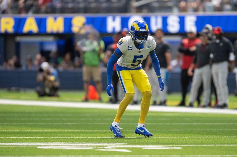 Los Angeles Rams cornerback Jalen Ramsey (5) takes his stance during an NFL football game against the Atlanta Falcons Sunday, Sept. 18, 2022, in Inglewood, Calif. (AP Photo/Kyusung Gong)