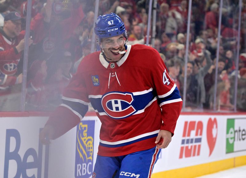 Nov 22, 2025; Montreal, Quebec, CAN; Montreal Canadiens defenseman Jayden Struble (47) celebrates the win against the Toronto Maple Leafs at the Bell Centre. Mandatory Credit: Eric Bolte-Imagn Images