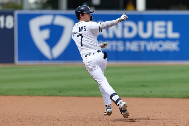 Sep 18, 2025; Tampa, Florida, USA; Tampa Bay Rays shortstop Carson Williams (7) runs the bases after hitting a solo home run against the Toronto Blue Jays in the sixth inning at George M. Steinbrenner Field. Mandatory Credit: Nathan Ray Seebeck-Imagn Images