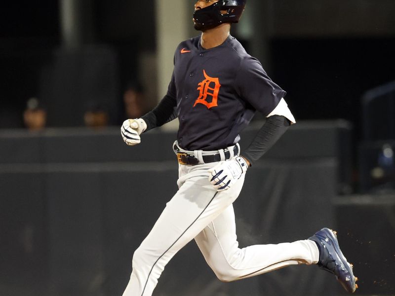 Mar 3, 2023; Tampa, Florida, USA;  Detroit Tigers outfielder Brendon Davis (74) doubles against the New York Yankees during the third inning at George M. Steinbrenner Field. Mandatory Credit: Kim Klement-USA TODAY Sports