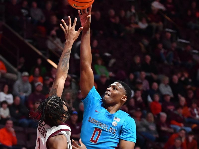 Feb 13, 2024; Blacksburg, Virginia, USA; Florida State Seminoles guard Chandler Jackson (0) shoots over defender Virginia Tech Hokies guard MJ Collins (2) during the first half  at Cassell Coliseum. Mandatory Credit: Brian Bishop-USA TODAY Sports