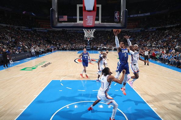 OKLAHOMA CITY, OK - DECEMBER 21: Russell Westbrook #0 of the LA Clippers shoots the ball during the game against the Oklahoma City Thunder on December 21, 2023 at Paycom Arena in Oklahoma City, Oklahoma. NOTE TO USER: User expressly acknowledges and agrees that, by downloading and or using this photograph, User is consenting to the terms and conditions of the Getty Images License Agreement. Mandatory Copyright Notice: Copyright 2023 NBAE (Photo by Zach Beeker/NBAE via Getty Images)