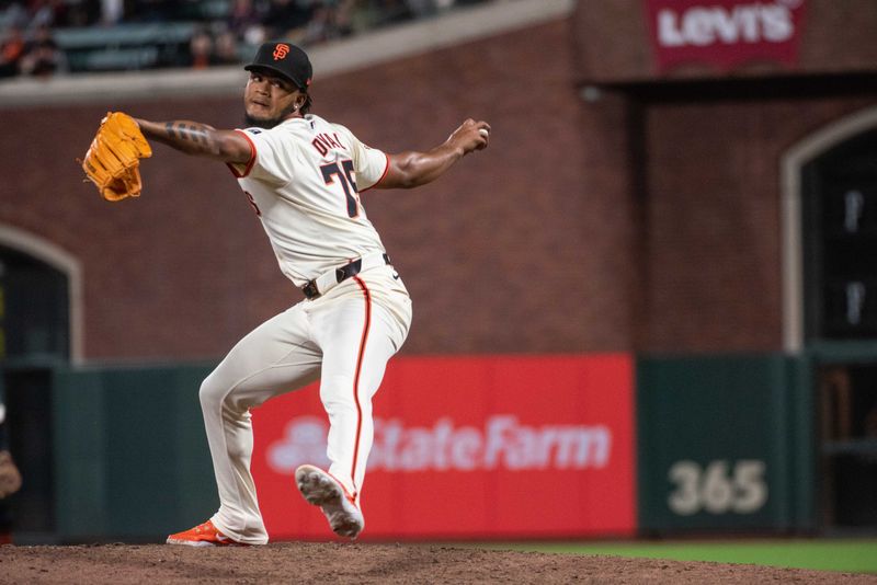 Apr 23, 2024; San Francisco, California, USA; San Francisco Giants pitcher Camilo Doval (75) throws a pitch during the ninth inning against the New York Mets at Oracle Park. Mandatory Credit: Ed Szczepanski-USA TODAY Sports