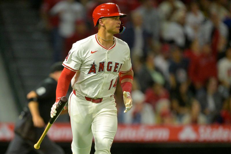 Apr 5, 2025; Anaheim, California, USA;  Los Angeles Angels catcher Logan O'Hoppe (14) watches as the ball clears the wall on a two-run home run in the fifth inning against the Cleveland Guardians at Angel Stadium. Mandatory Credit: Jayne Kamin-Oncea-Imagn Images