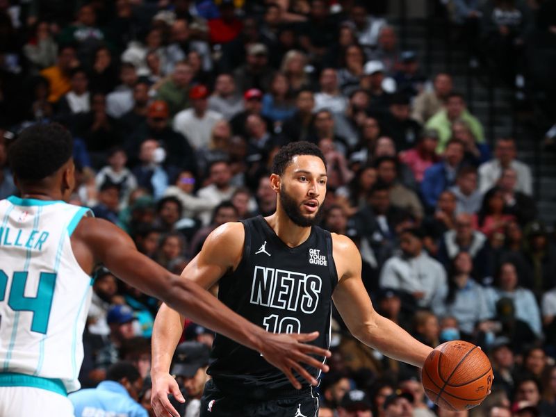 BROOKLYN, NY - NOVEMBER 19: Ben Simmons #10 of the Brooklyn Nets dribbles the ball during the game against the Charlotte Hornets during an Emirates NBA Cup game on November 19, 2024 at Barclays Center in Brooklyn, New York. NOTE TO USER: User expressly acknowledges and agrees that, by downloading and or using this Photograph, user is consenting to the terms and conditions of the Getty Images License Agreement. Mandatory Copyright Notice: Copyright 2024 NBAE (Photo by David L. Nemec/NBAE via Getty Images)