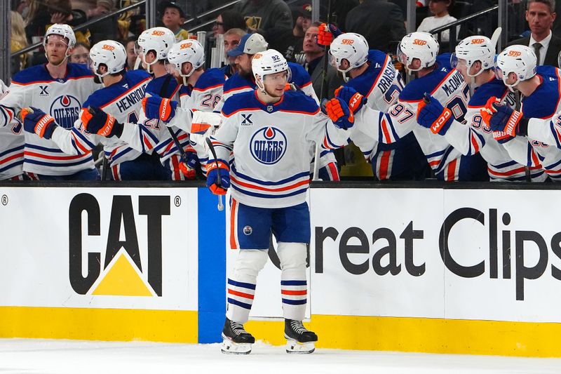 May 8, 2025; Las Vegas, Nevada, USA; Edmonton Oilers right wing Vasily Podkolzin (92) celebrates after scoring a goal against the Vegas Golden Knights during the second period of game two of the second round of the 2025 Stanley Cup Playoffs at T-Mobile Arena. Mandatory Credit: Stephen R. Sylvanie-Imagn Images