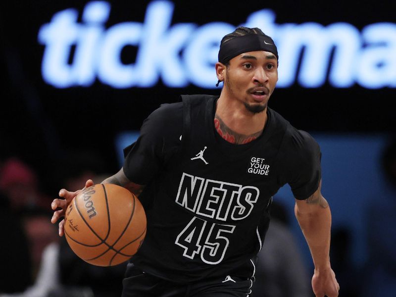 NEW YORK, NEW YORK - FEBRUARY 05: Keon Johnson #45 of the Brooklyn Nets in action during the game against the Washington Wizards at Barclays Center on February 05, 2025 in the Brooklyn borough of New York City. The Wizards won 119-102. NOTE TO USER: User expressly acknowledges and agrees that, by downloading and or using this photograph, User is consenting to the terms and conditions of the Getty Images License Agreement. (Photo by Sarah Stier/Getty Images)