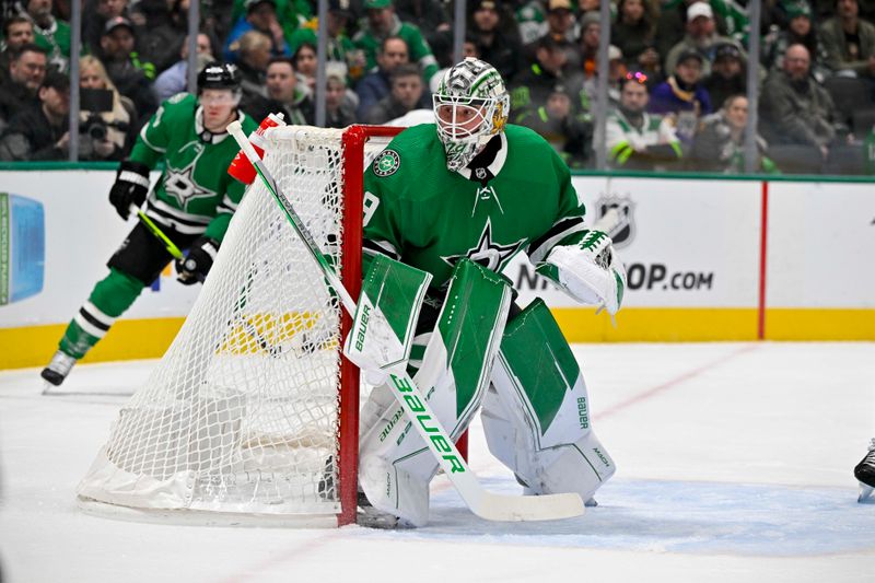 Jan 16, 2024; Dallas, Texas, USA; Dallas Stars goaltender Jake Oettinger (29) faces the Los Angeles Kings attack during the first period at the American Airlines Center. Mandatory Credit: Jerome Miron-USA TODAY Sports